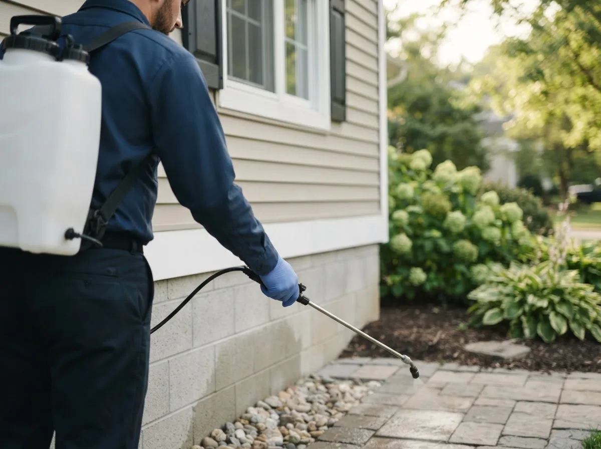 Pest control technician inspecting a home in Hometown, WV